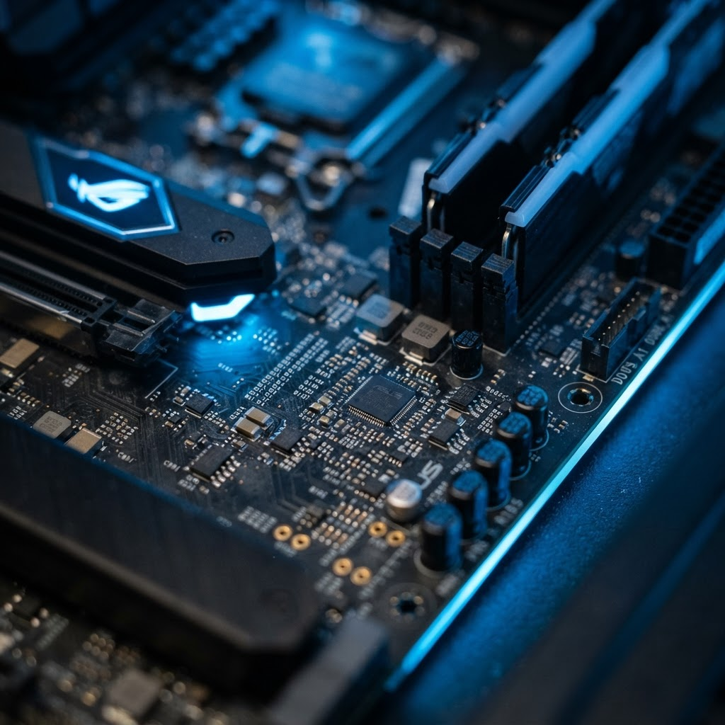 Close-up of a computer motherboard with blue accents