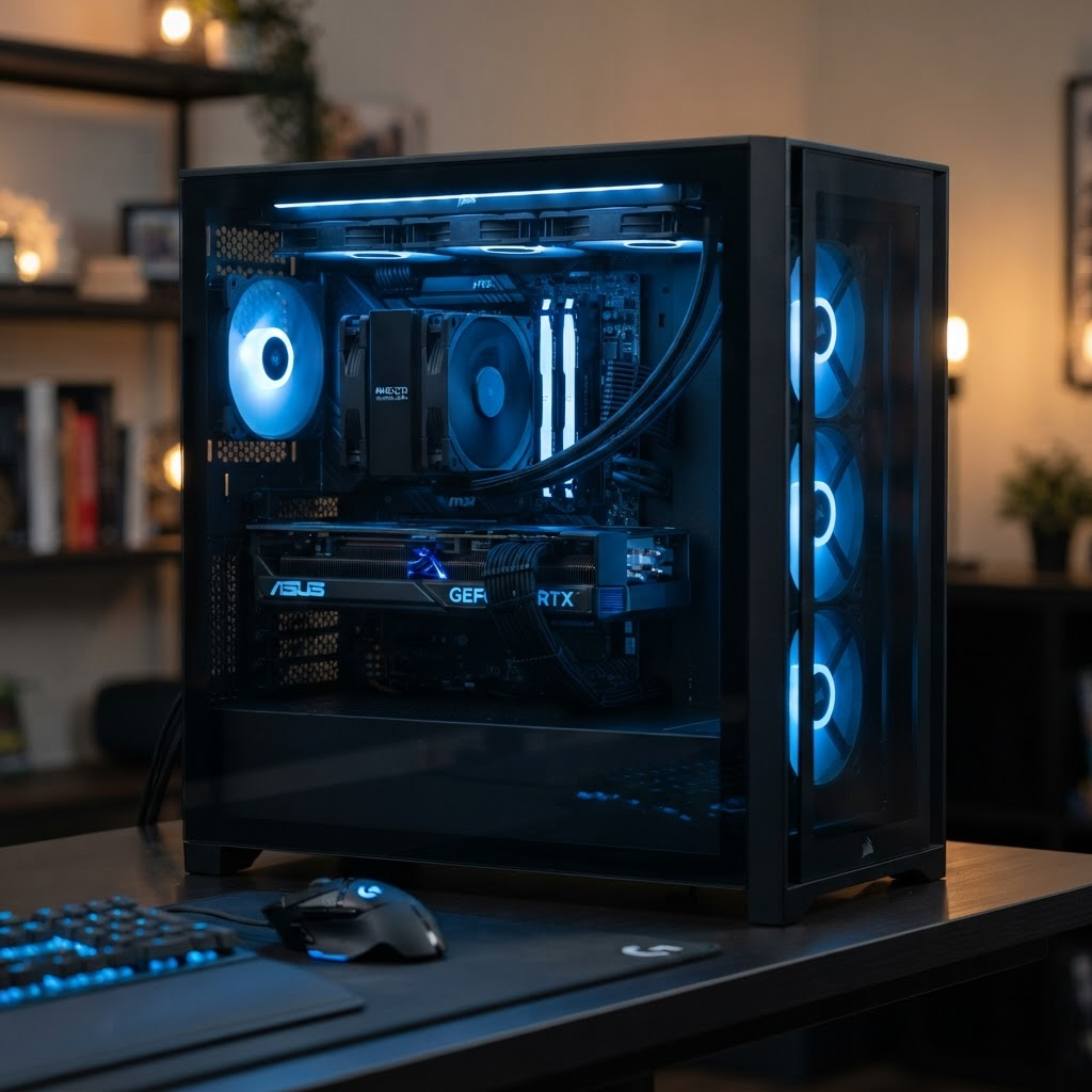 Custom built PC with blue LED lighting