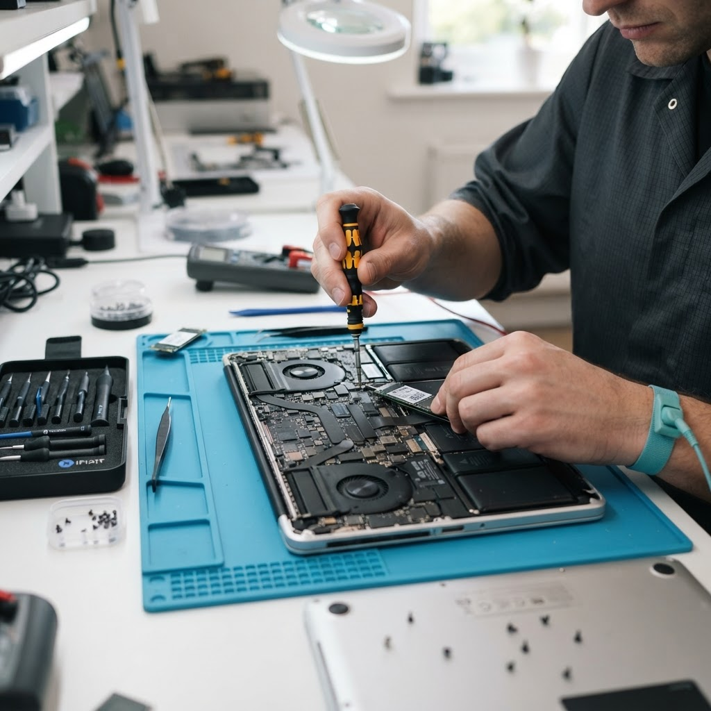 Technician repairing an opened laptop