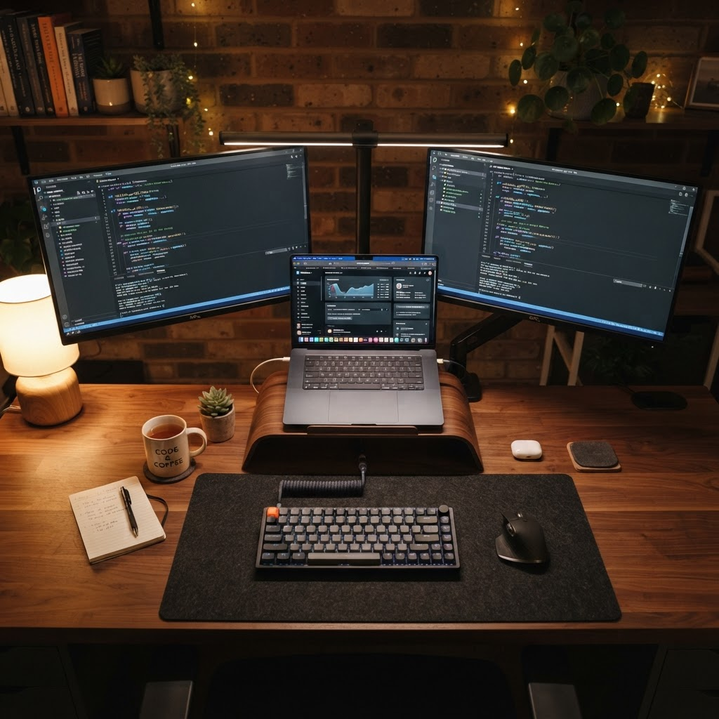 Modern developer workspace with monitors and keyboard